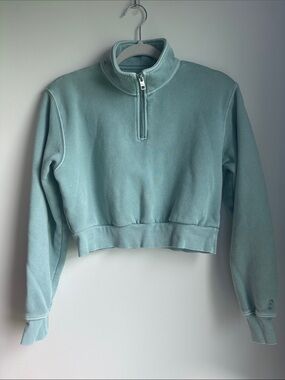 TNA Cozy AF Cropped Quarter-Zip Pullover Sweatshirt in Light Aqua